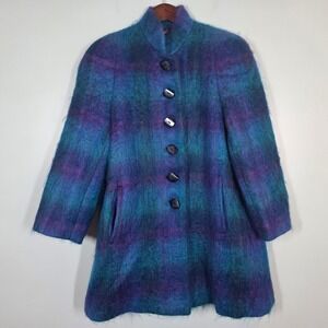 Alorna Vintage Mohair Wool Coat Petite Teal Purple Plaid Funnel Neck Made in USA